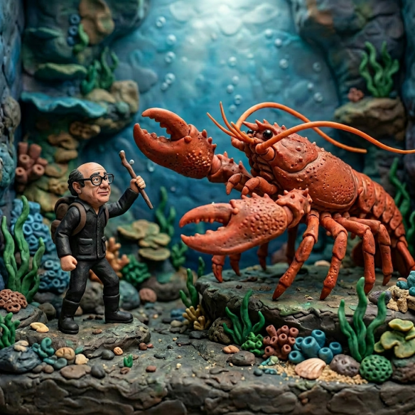 Diver confronting a large lobster underwater with sea plants and rocks