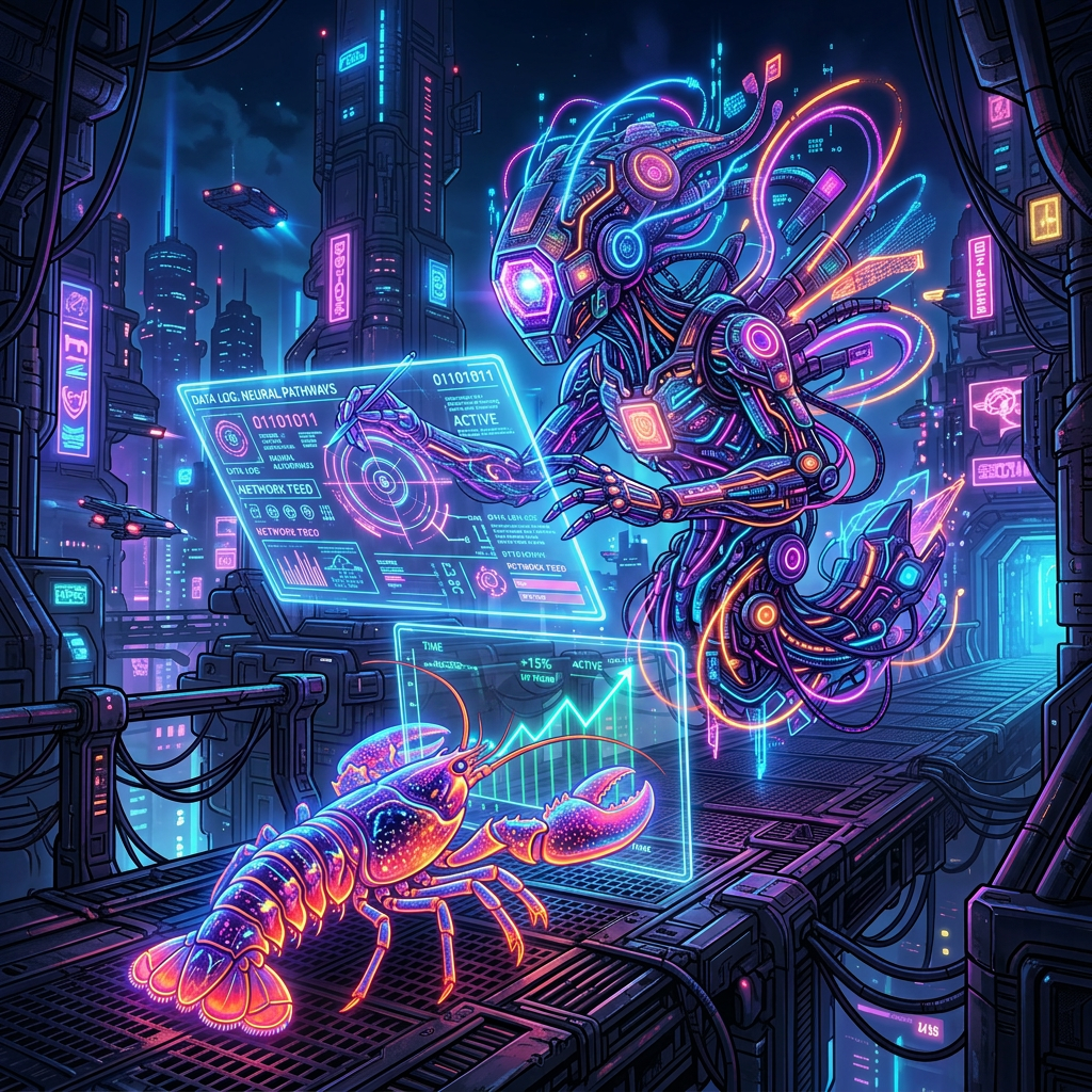 Cybernetic humanoid analyzing holographic data near a glowing lobster on futuristic platform
