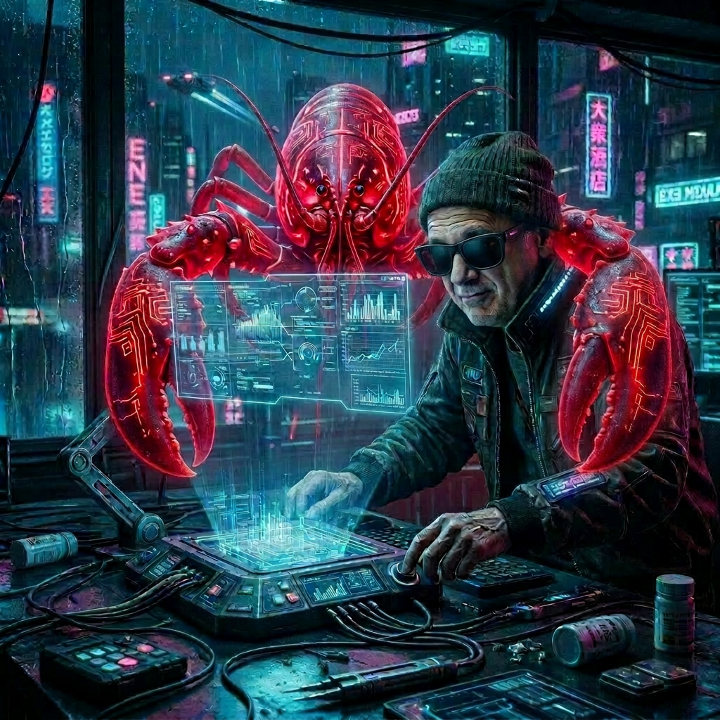 Older scientist studying a cybernetic lobster with holographic data in neon-lit futuristic lab