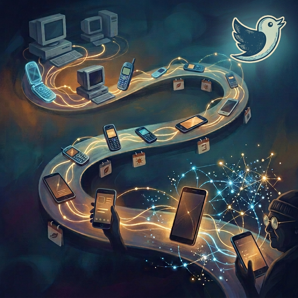 Glowing timeline showing computers, mobile phones, smartphones, and connected digital networks